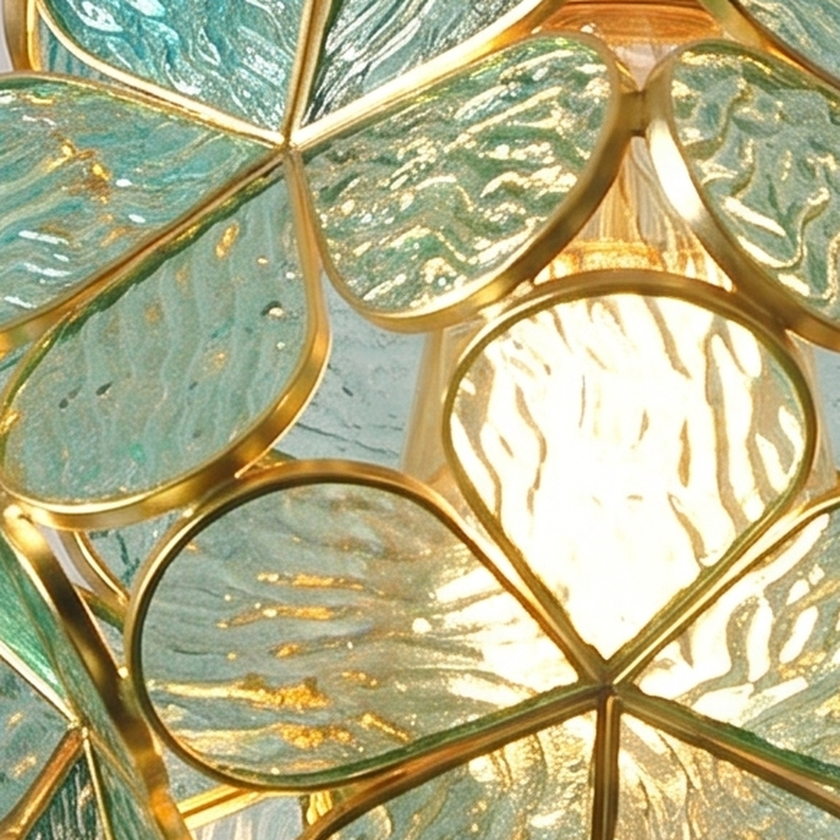 Close up of the rippled aqua glass petals and fine gold tone frames of the Fressingfield shade