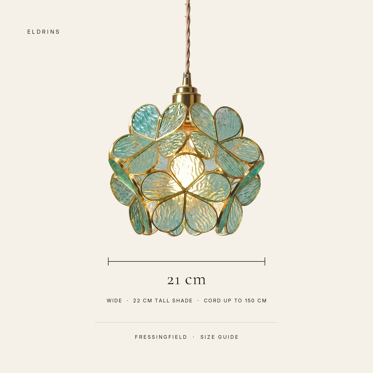 Fressingfield pendant light size guide: 21 cm wide, 22 cm tall shade, cord up to 150 cm