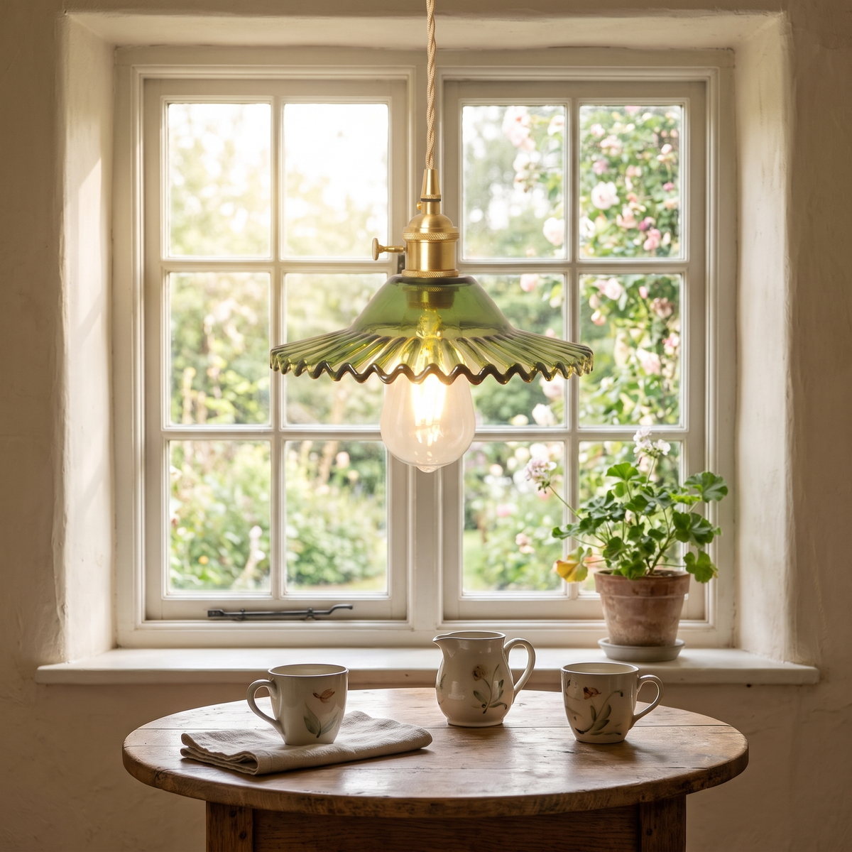 A green Glemsford fluted glass pendant lit over a small round breakfast table by a cottage window