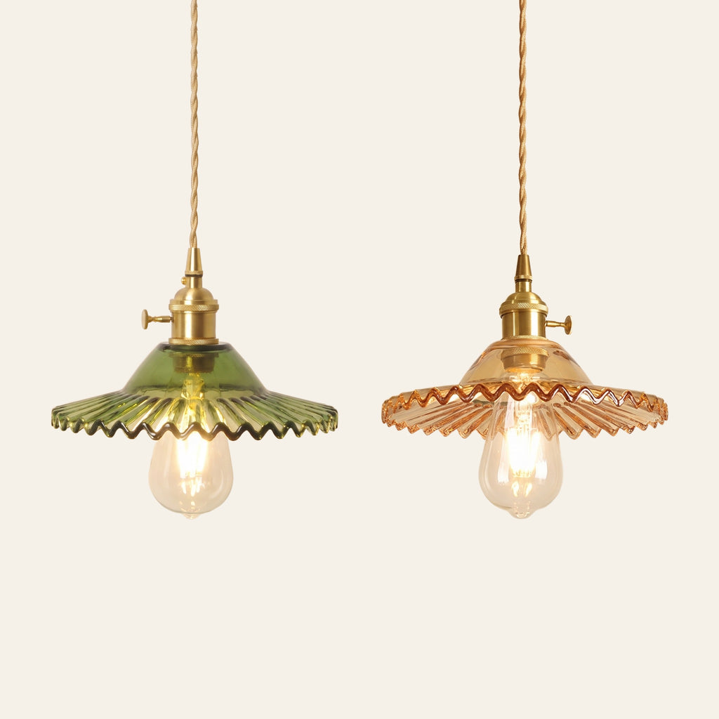 Glemsford fluted glass coolie pendant lights in green and amber side by side