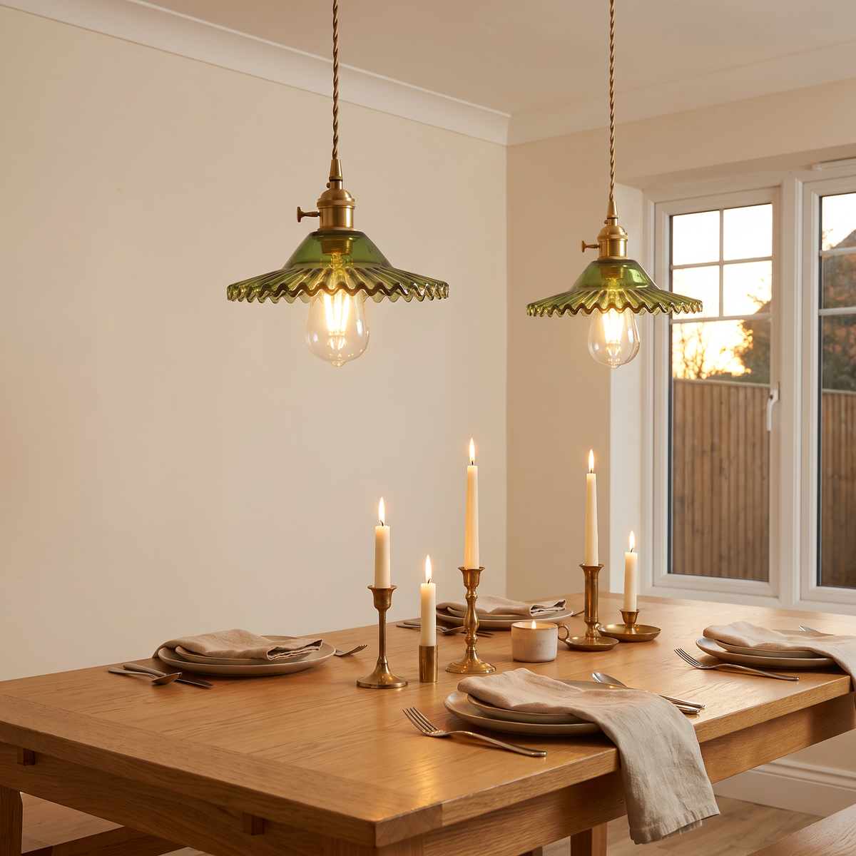 A pair of green Glemsford fluted glass pendants lit over a dining table