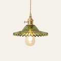 Glemsford fluted glass coolie pendant light in olive green glass on a brass holder with a twisted cord, cream background