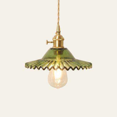 Glemsford fluted glass coolie pendant light in olive green glass on a brass holder with a twisted cord, cream background