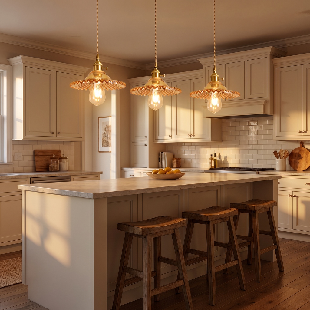 Three amber Glemsford fluted glass pendants lit in a row over a kitchen island