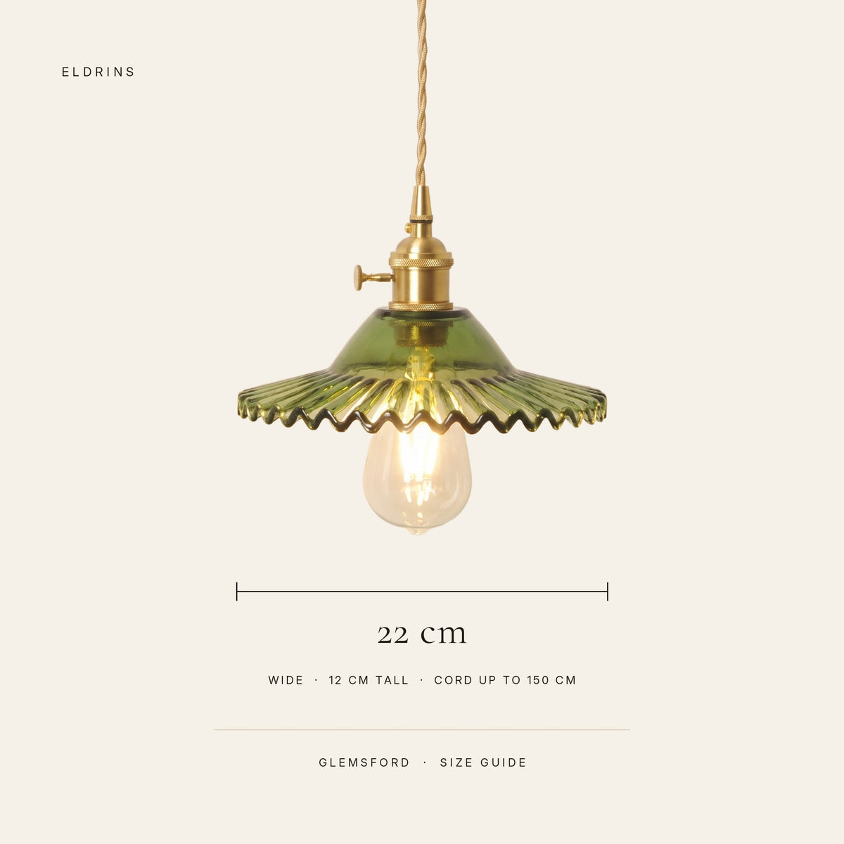 Glemsford size guide: 22 cm wide fluted glass coolie, about 12 cm tall with the holder, cord up to 150 cm