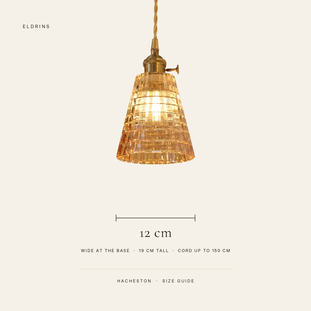 Hacheston size guide: 12 cm wide at the base, 19 cm tall, cord up to 150 cm
