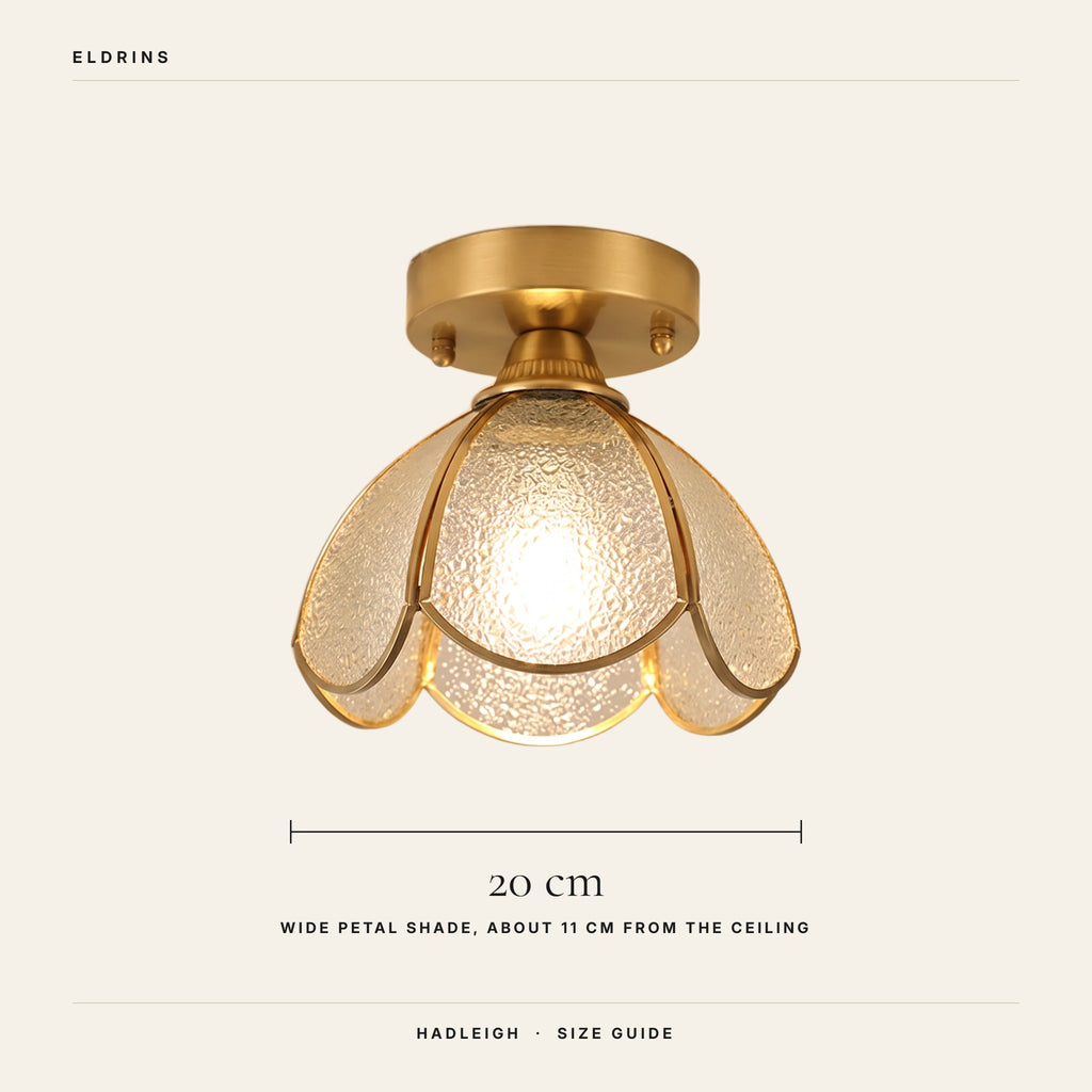 Hadleigh ceiling light size guide, 20 cm wide petal shade, about 11 cm from the ceiling