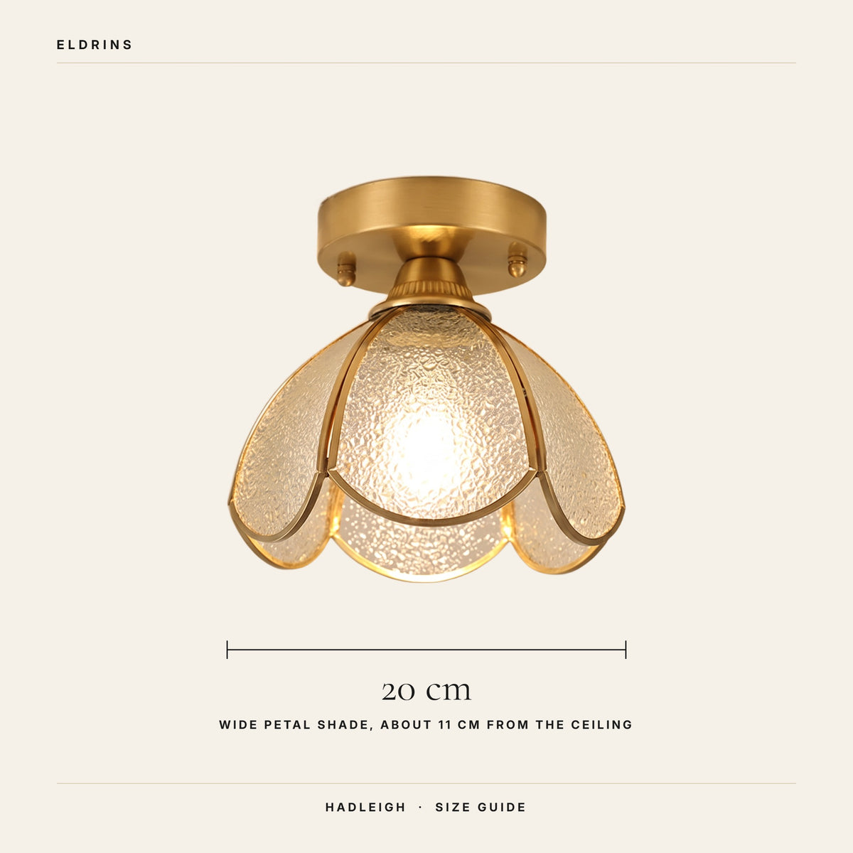 Hadleigh ceiling light size guide, 20 cm wide petal shade, about 11 cm from the ceiling