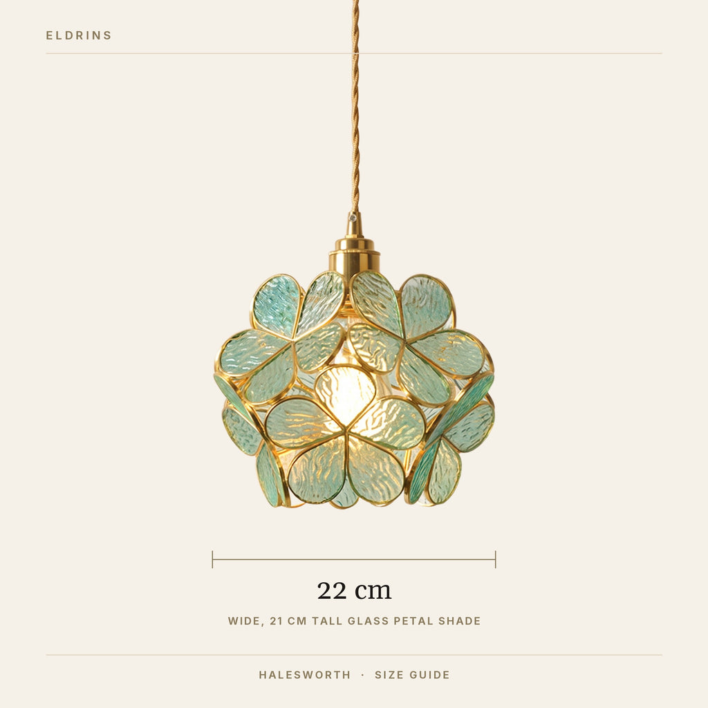 Halesworth pendant light size guide, 22 cm wide, 21 cm tall shade