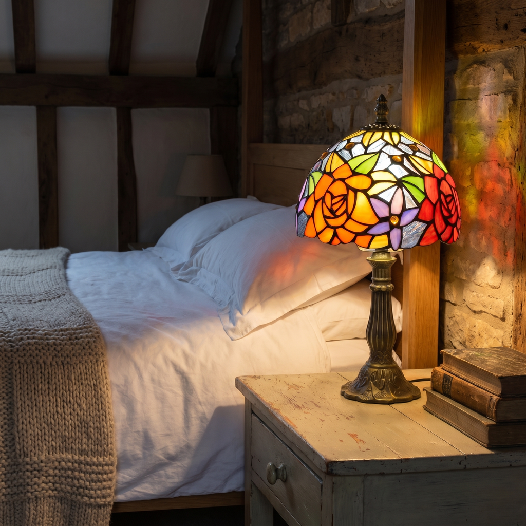 Hartest rose stained glass lamp lit on a bedside table in a cosy bedroom
