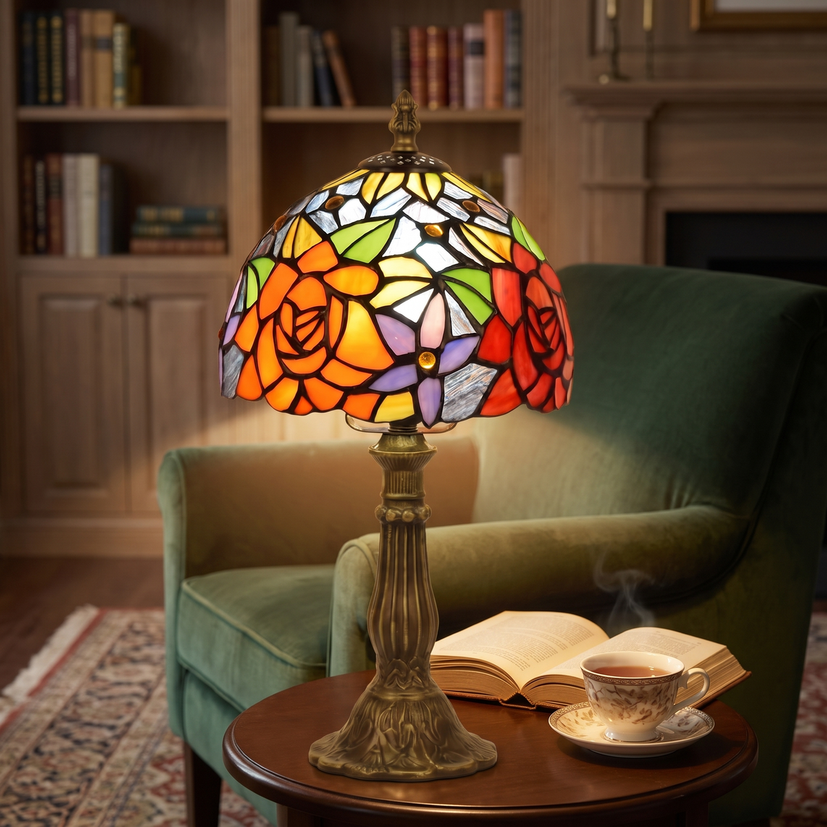 Hartest rose stained glass lamp lit on a side table beside an armchair with a book