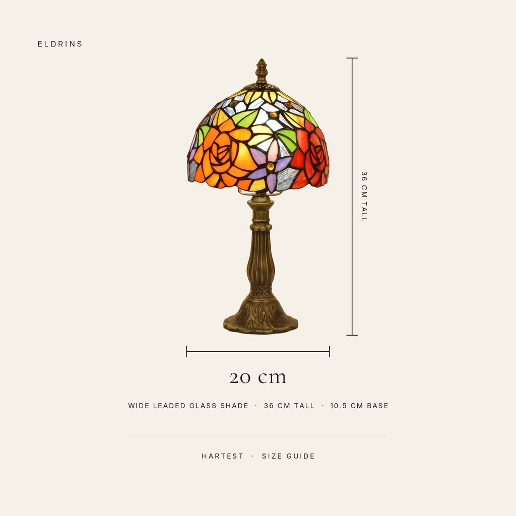 Hartest size guide: 20 cm wide leaded glass shade, 36 cm tall, 10.5 cm base