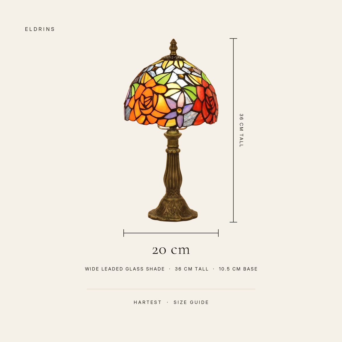 Hartest size guide: 20 cm wide leaded glass shade, 36 cm tall, 10.5 cm base