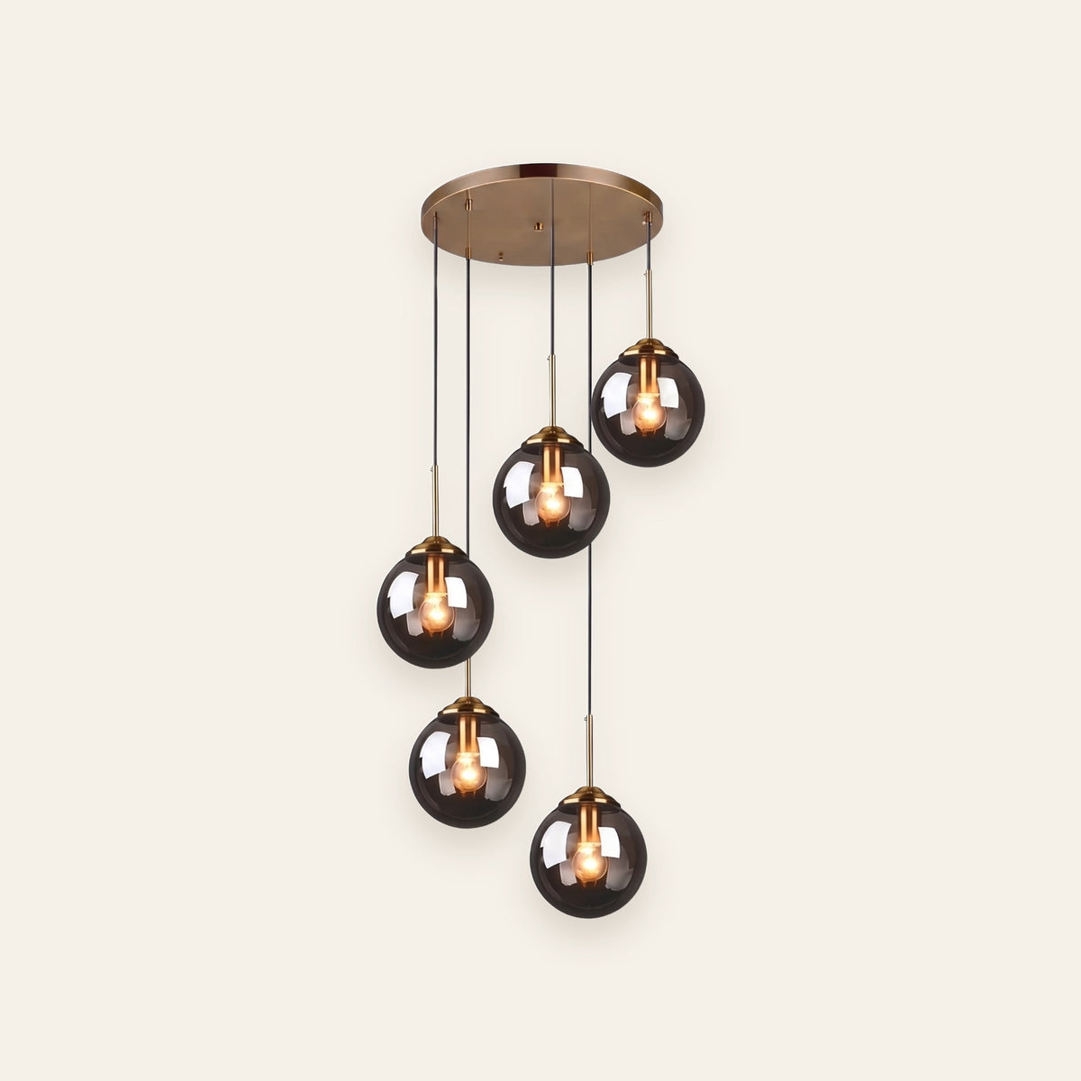Hartley five light smoked glass cascade chandelier, cream background