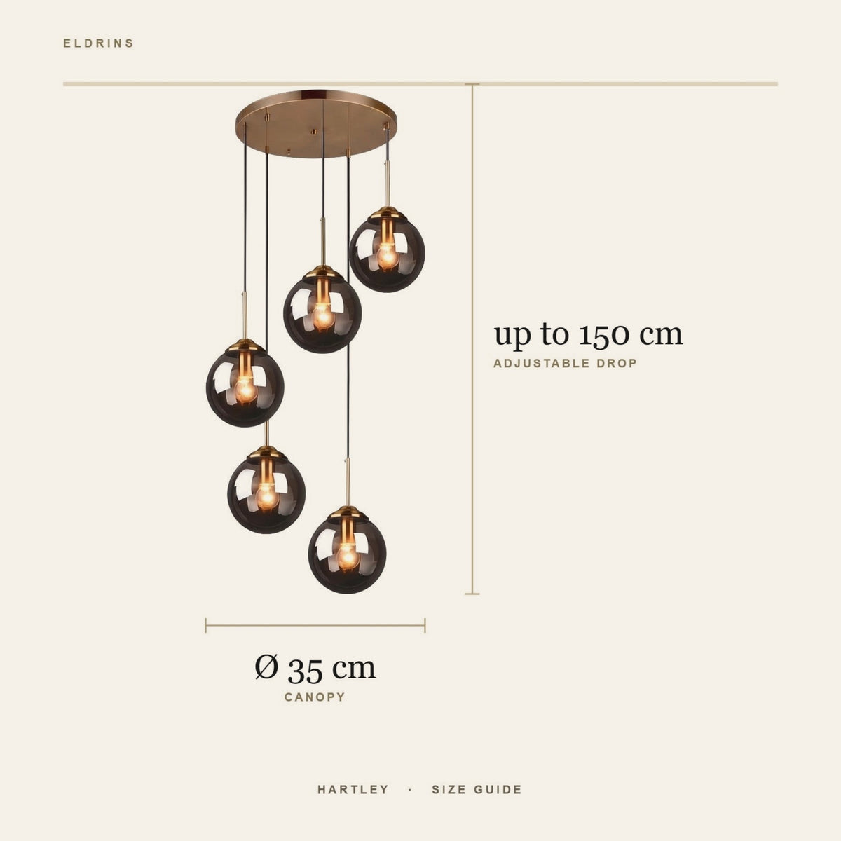 Hartley size guide: 35 cm canopy, adjustable drop up to 150 cm