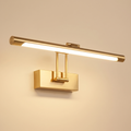 Helmingham rechargeable picture light in brushed gold, a 40 cm tube bar on two straight arms from a rectangular wall box, lit, cream background