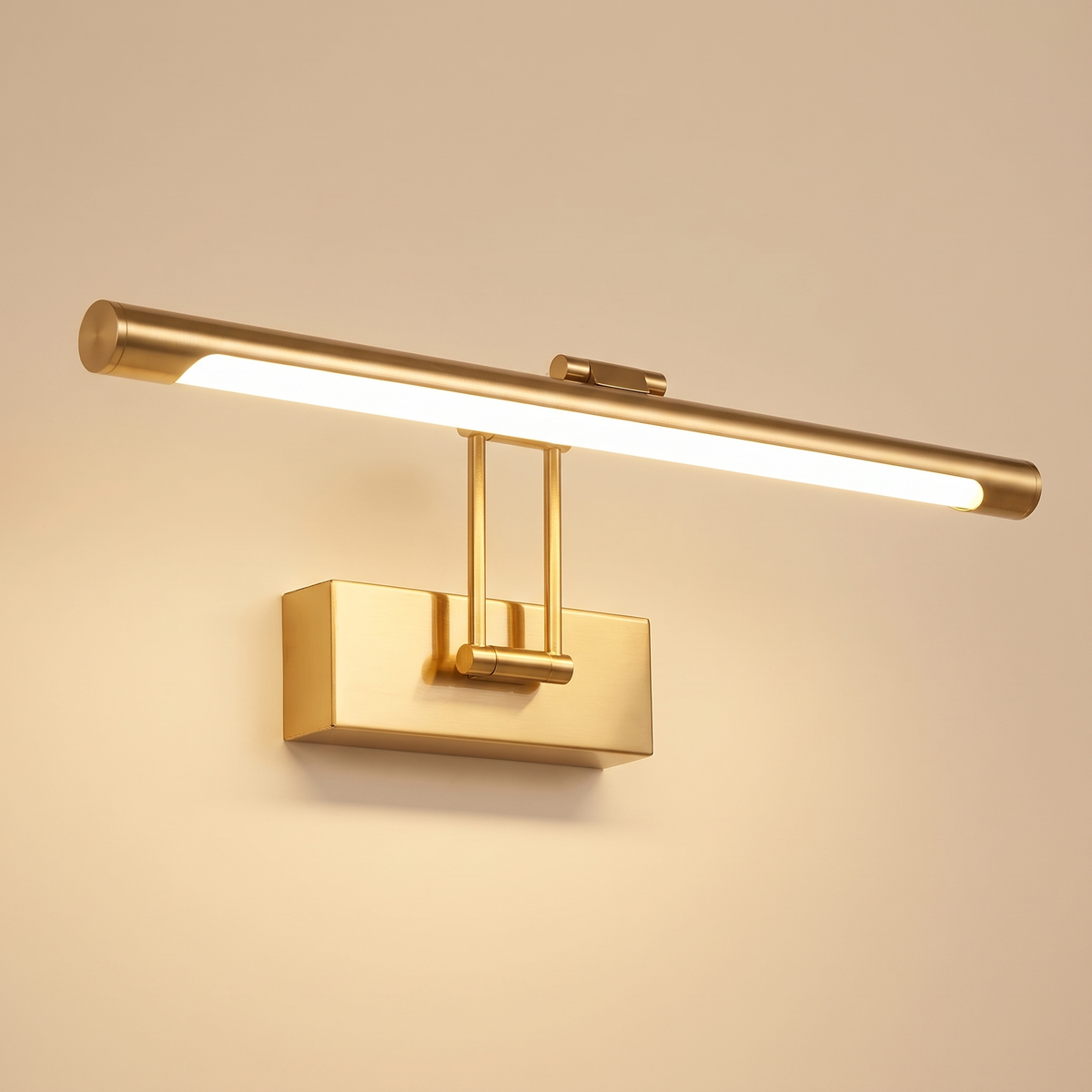 Helmingham rechargeable picture light in brushed gold, a 40 cm tube bar on two straight arms from a rectangular wall box, lit, cream background