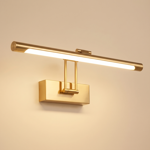 Helmingham rechargeable picture light in brushed gold, a 40 cm tube bar on two straight arms from a rectangular wall box, lit, cream background