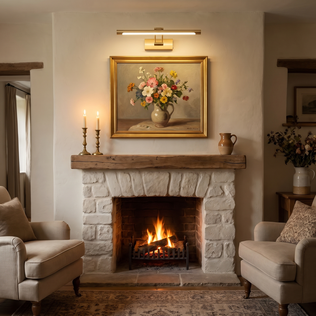 A lit brushed gold Helmingham picture light above a still life painting over a stone fireplace in a cottage sitting room