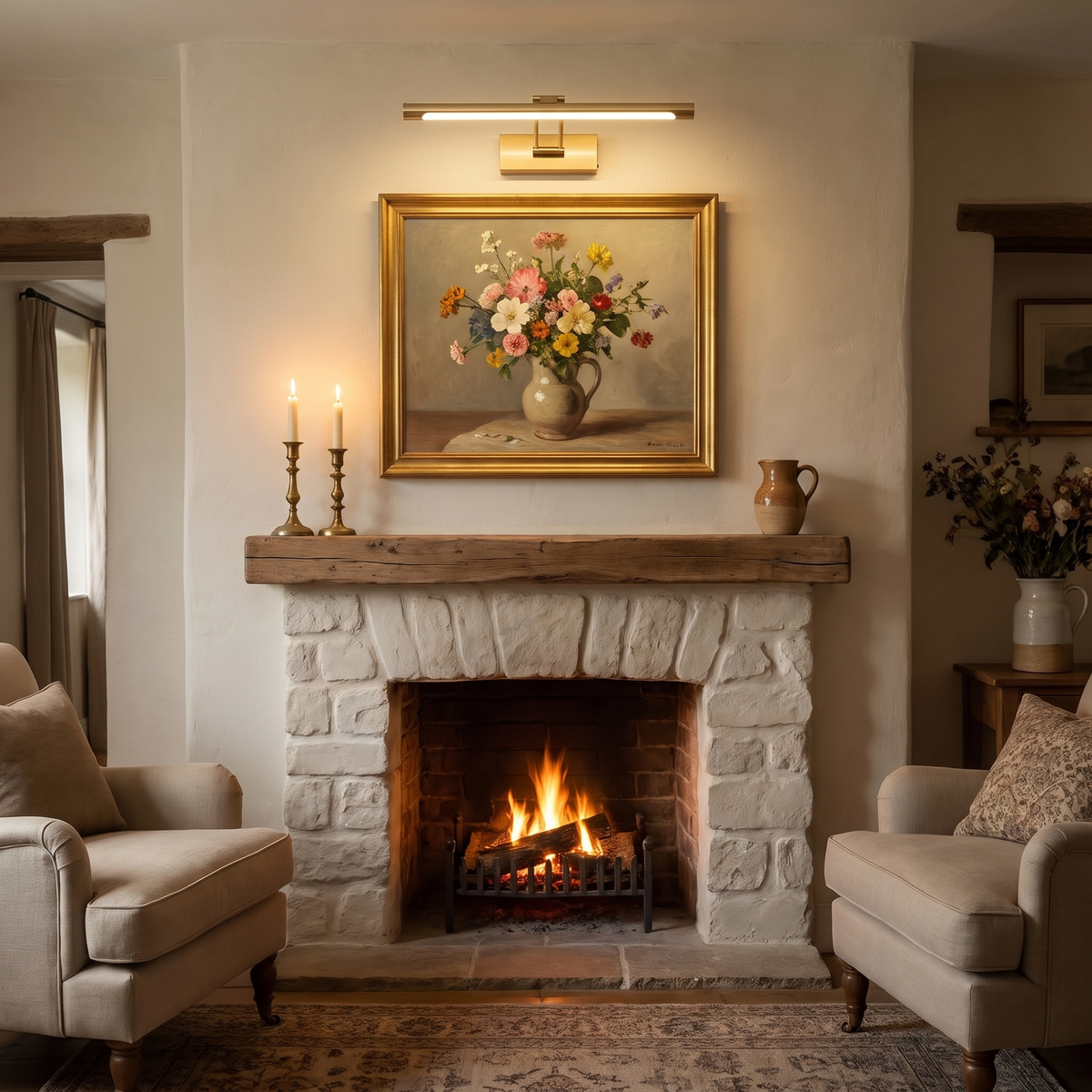 A lit brushed gold Helmingham picture light above a still life painting over a stone fireplace in a cottage sitting room