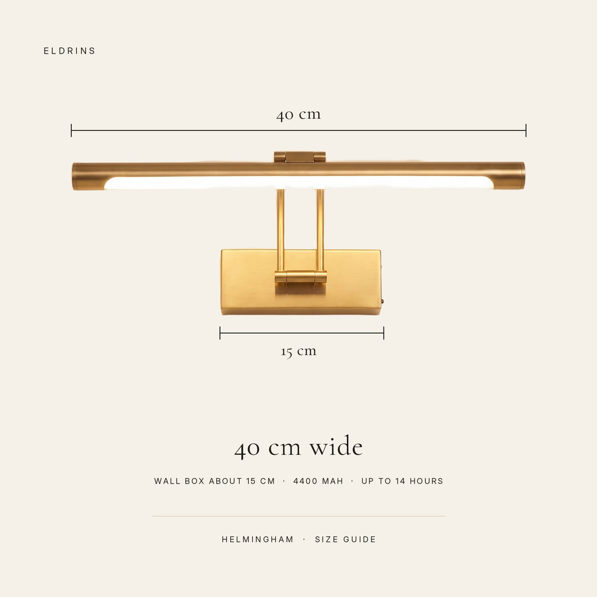 Helmingham picture light size guide: 40 cm bar, wall box about 15 cm wide