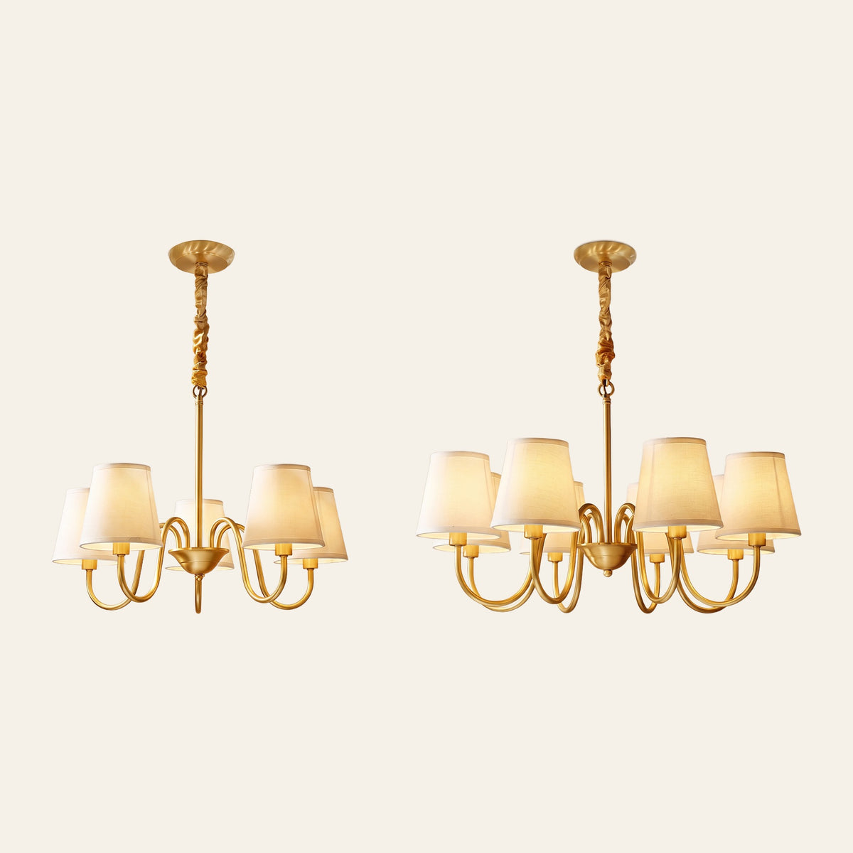 The Henham chandelier with 5 arms and with 8 arms side by side