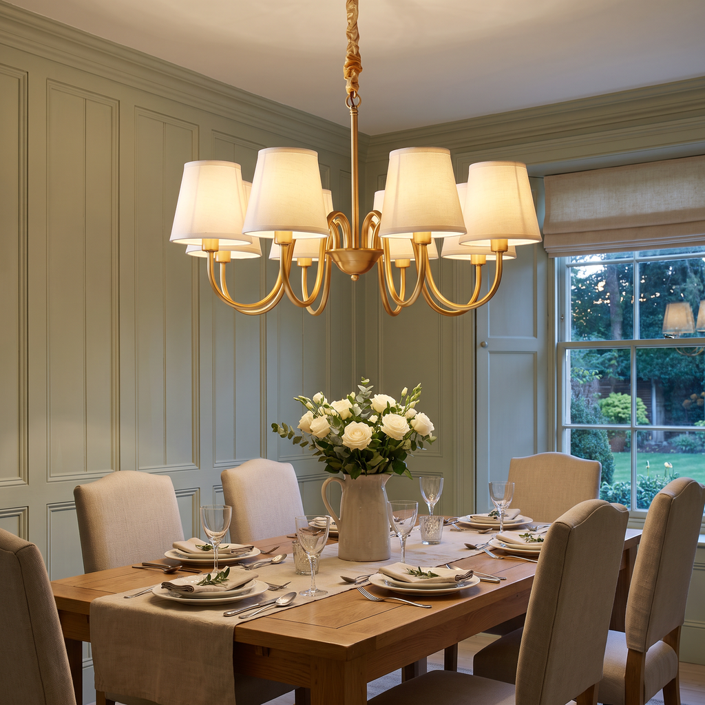 A lit Henham 8 arm chandelier with linen shades over an oak dining table in a panelled dining room