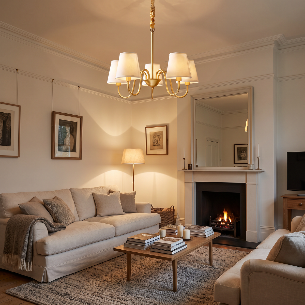 A lit Henham 5 arm chandelier with linen shades in a calm living room
