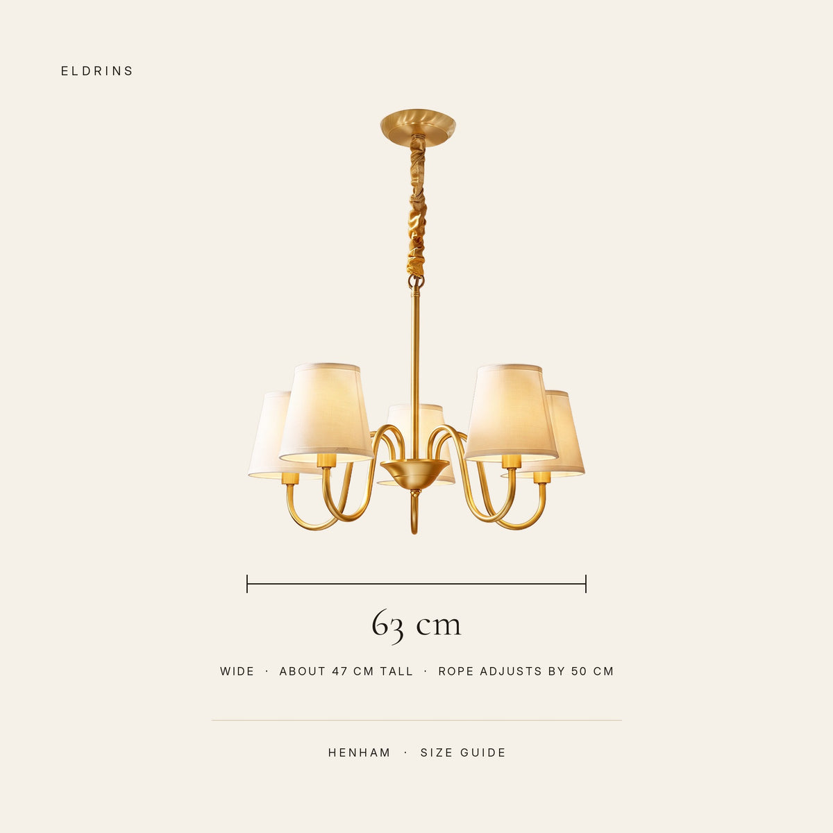 Henham chandelier size guide: 5 arm 63 cm wide, about 47 cm tall, rope adjusts by 50 cm