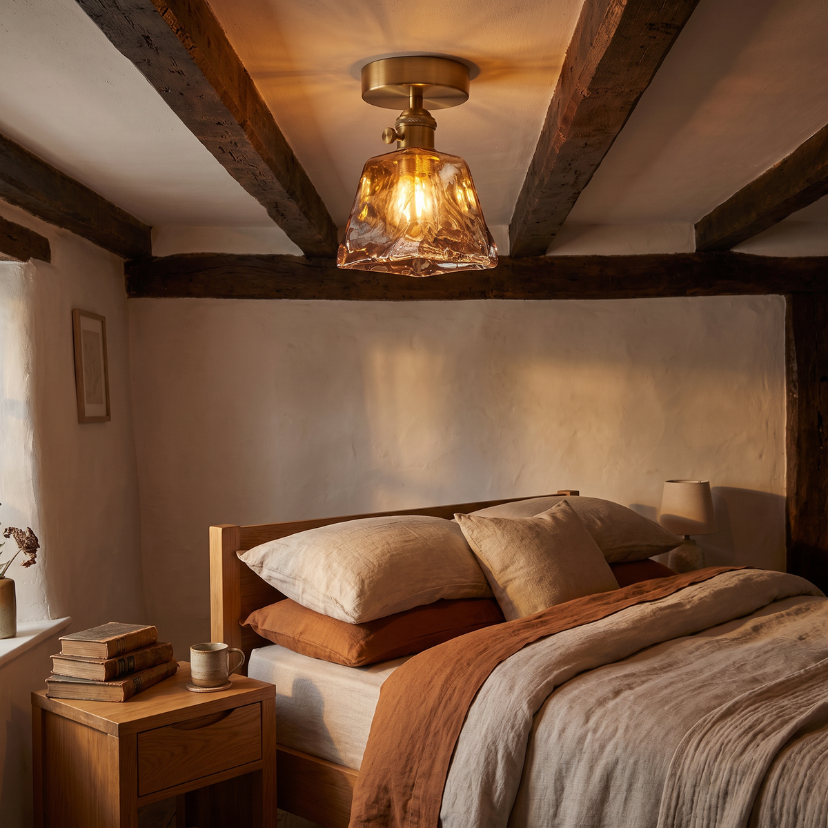 A lit Heveningham amber ice glass ceiling light between the beams of a cottage bedroom