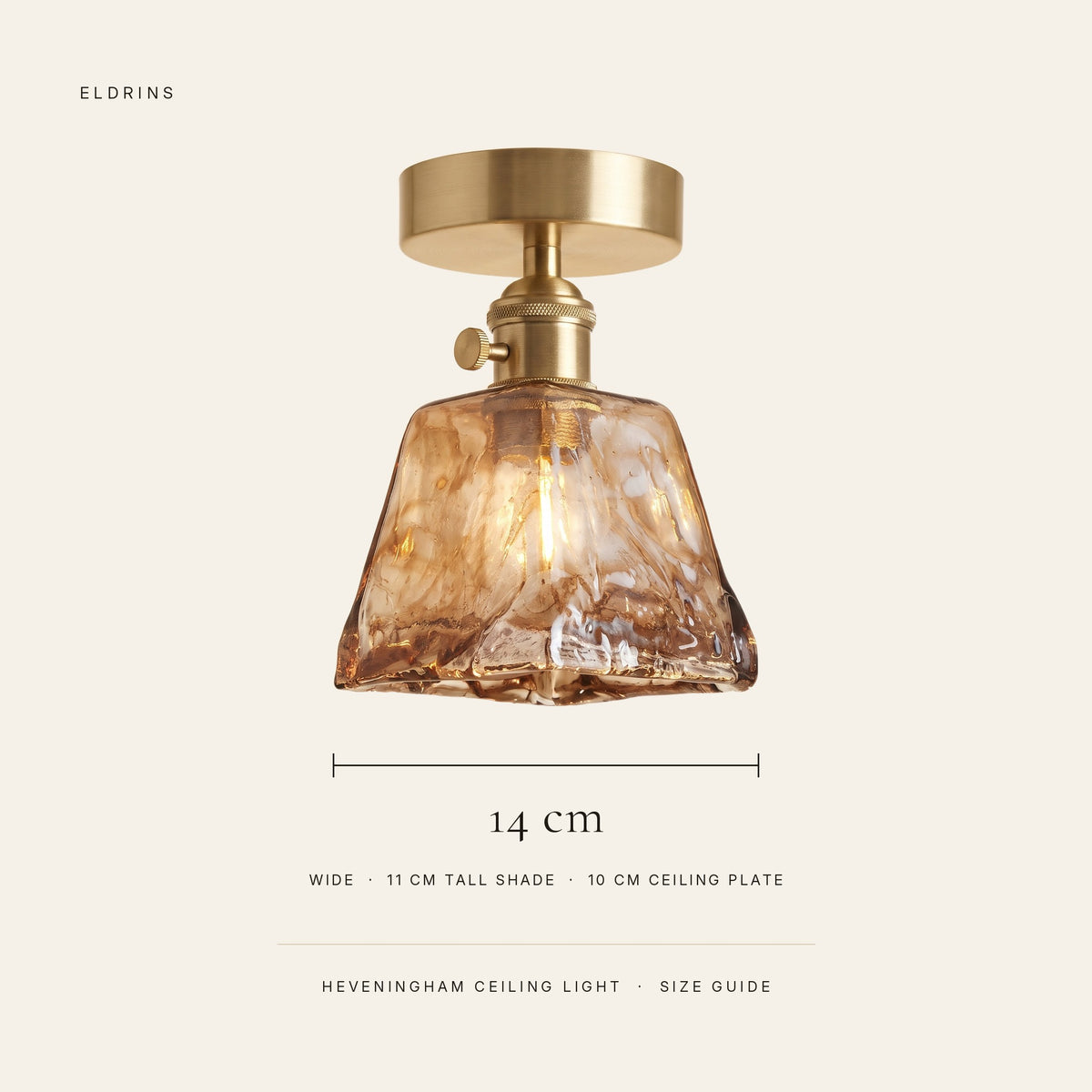Heveningham size guide: 14 cm wide, 11 cm tall shade, 10 cm ceiling plate