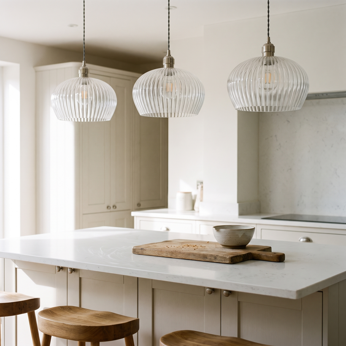 Three Lumira pendant lights hanging above a bright kitchen island