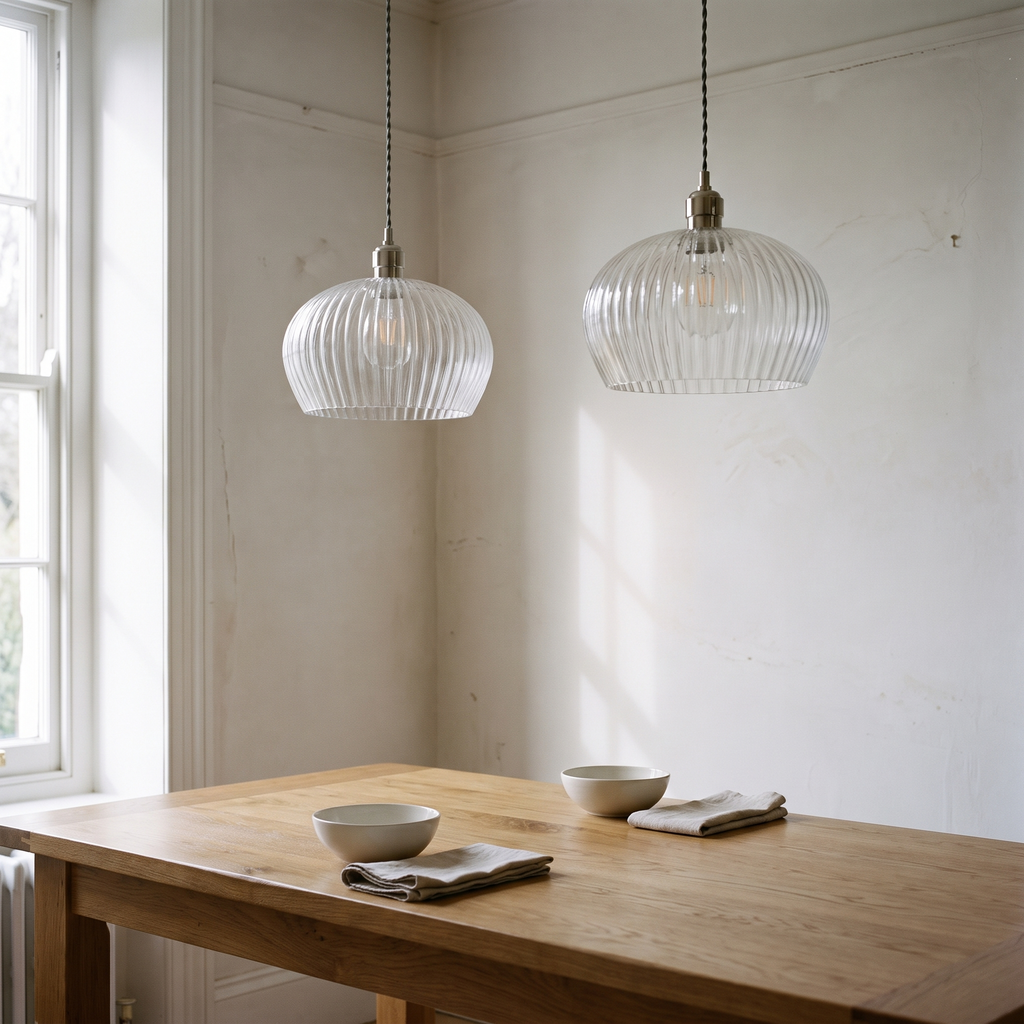 Two Sereno ribbed glass pendant lights above an oak dining table