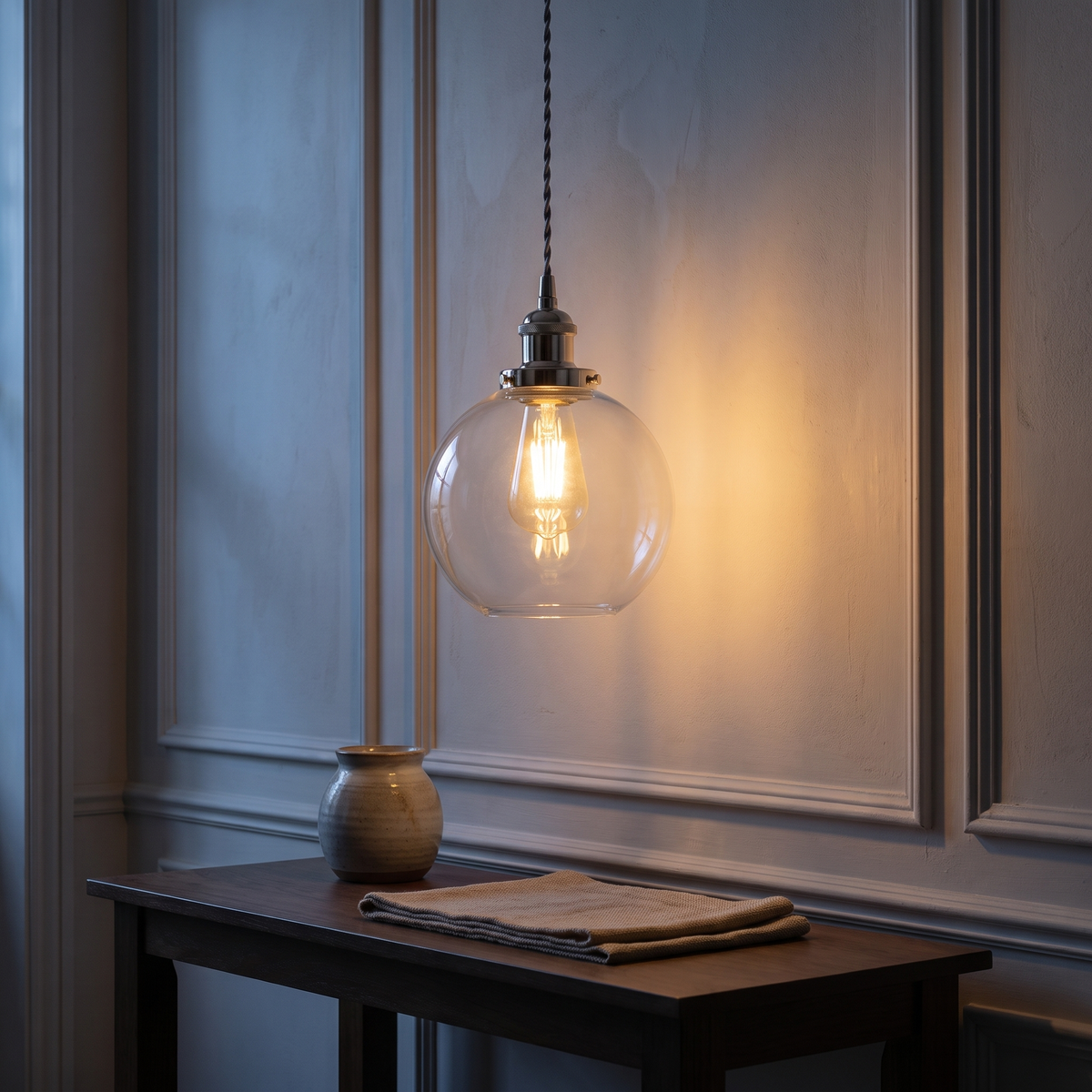 Lumira pendant light lit above a console table in a hallway at dusk