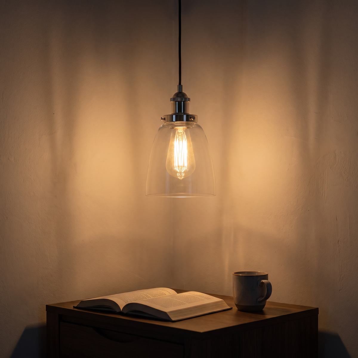 Calvara pendant light lit over a side table in a reading corner after dark