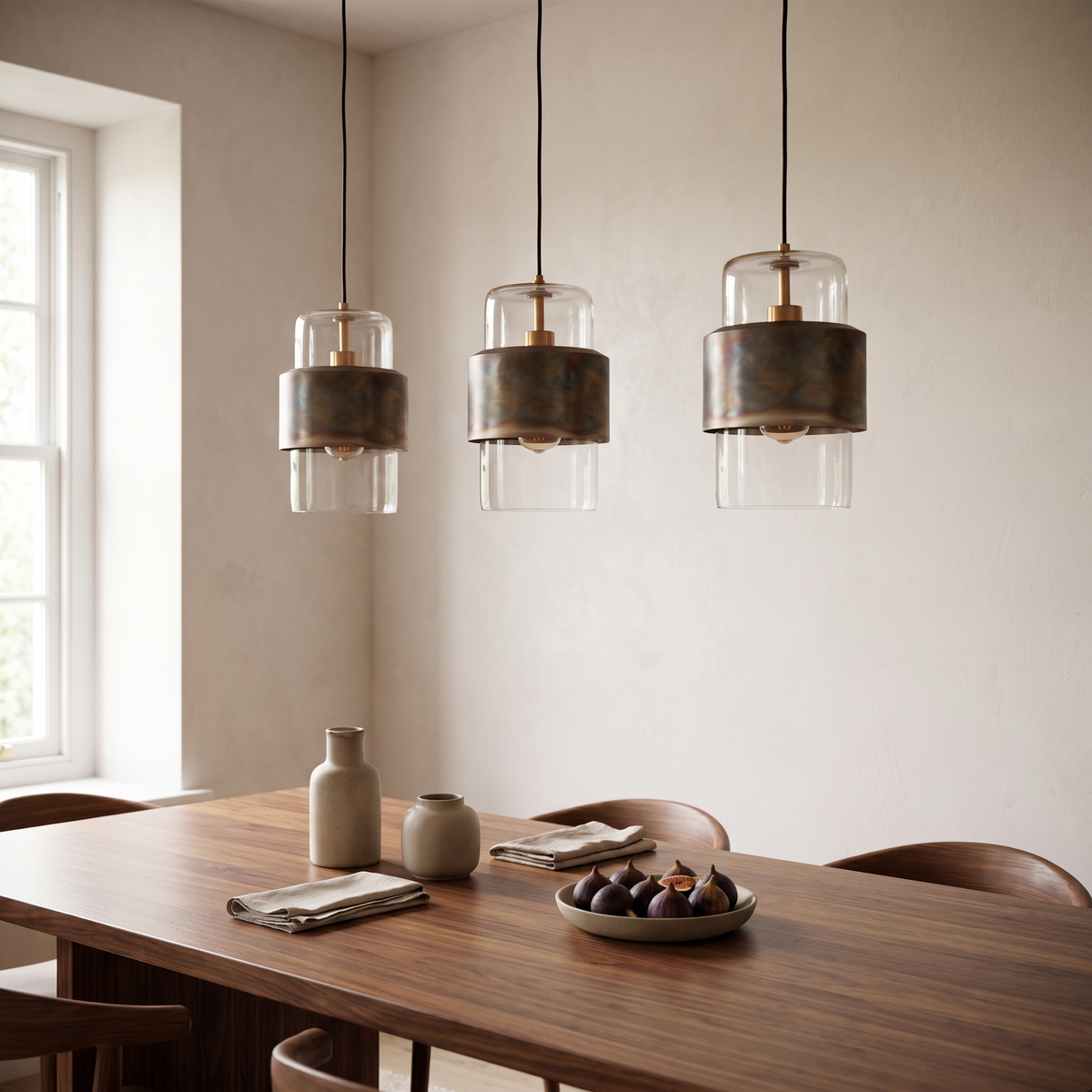 Three Veniro bronze pendant lights above a walnut dining table