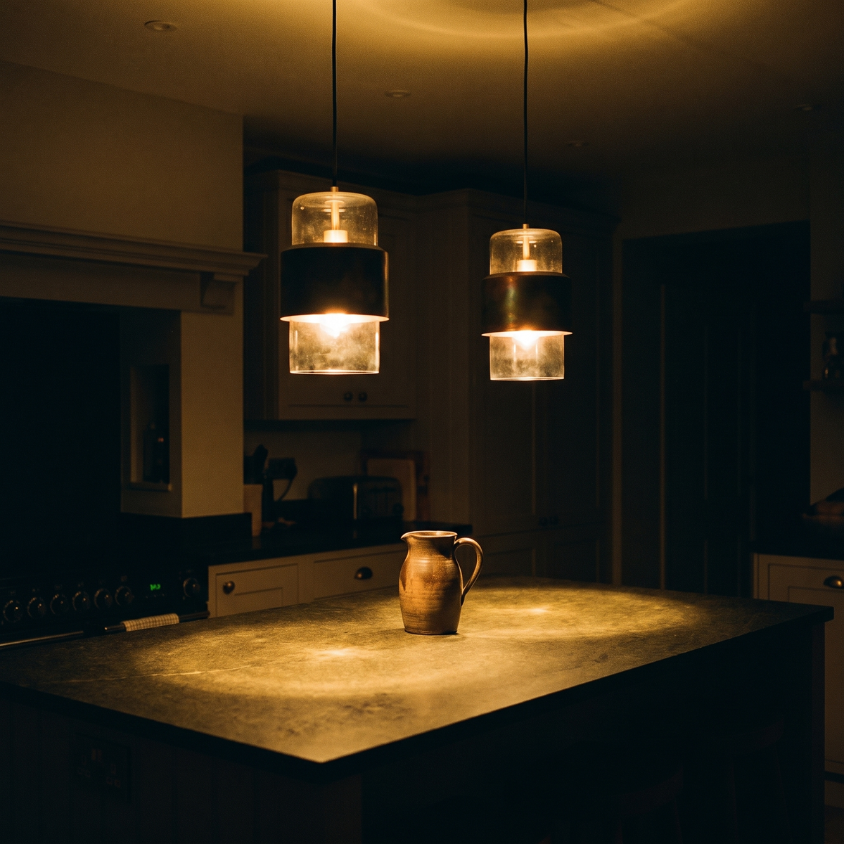 Two Veniro bronze pendant lights lit above a kitchen island at night