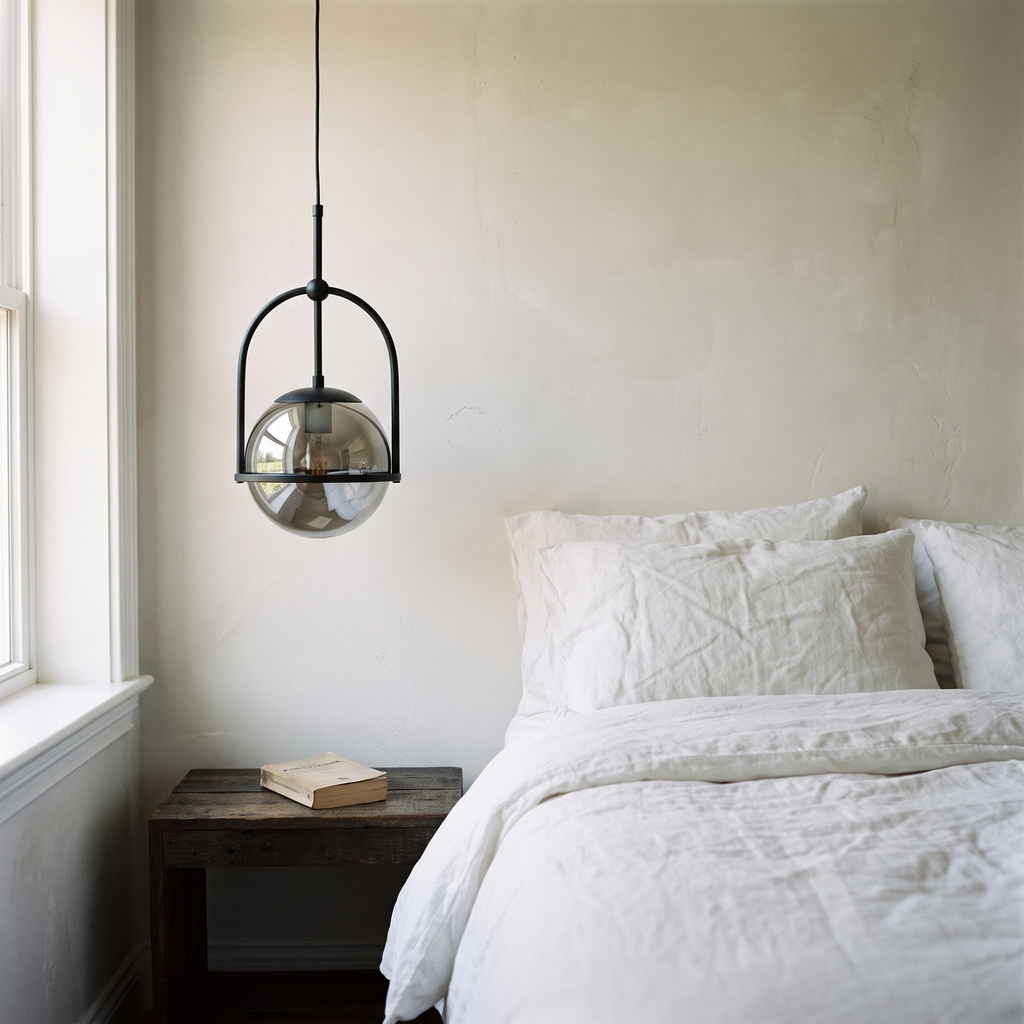 Noctis pendant light hanging beside a bed in a calm bedroom