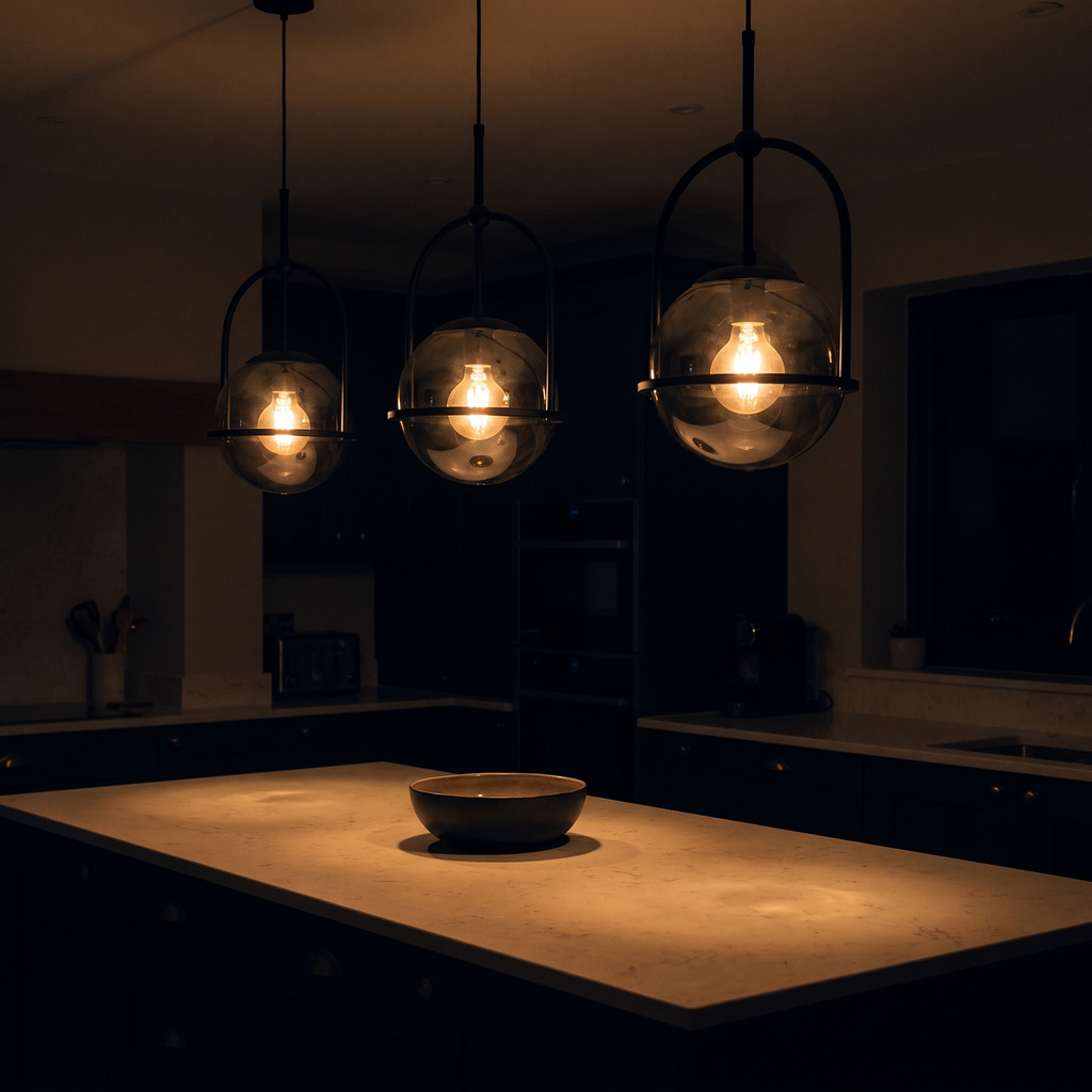 Three Noctis pendant lights lit above a kitchen island at night