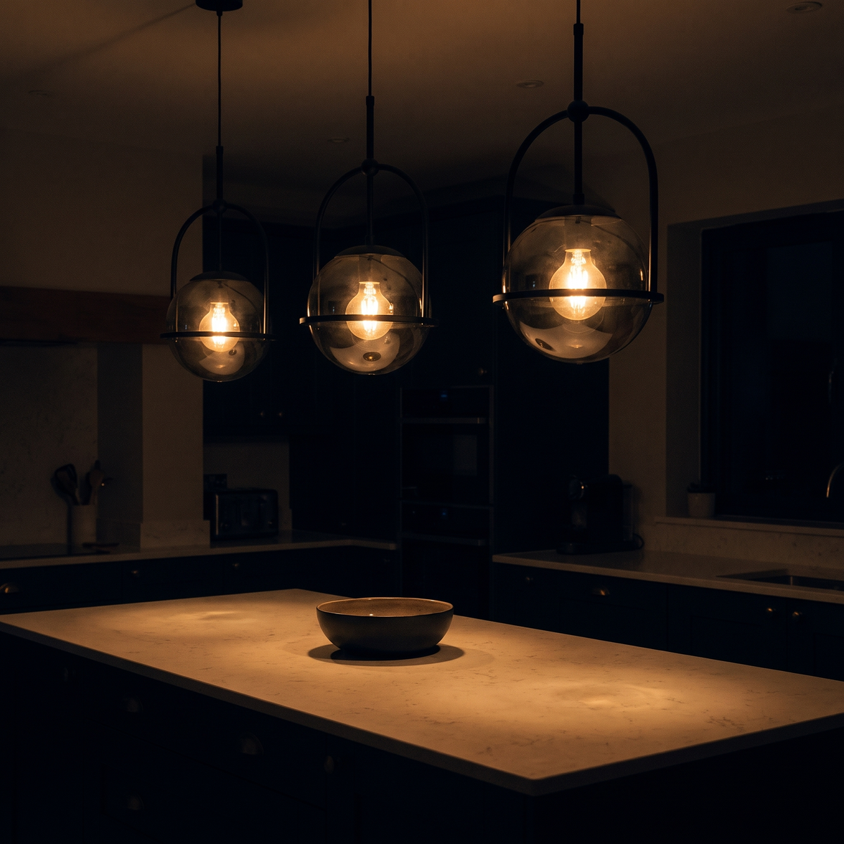 Three Noctis pendant lights lit above a kitchen island at night