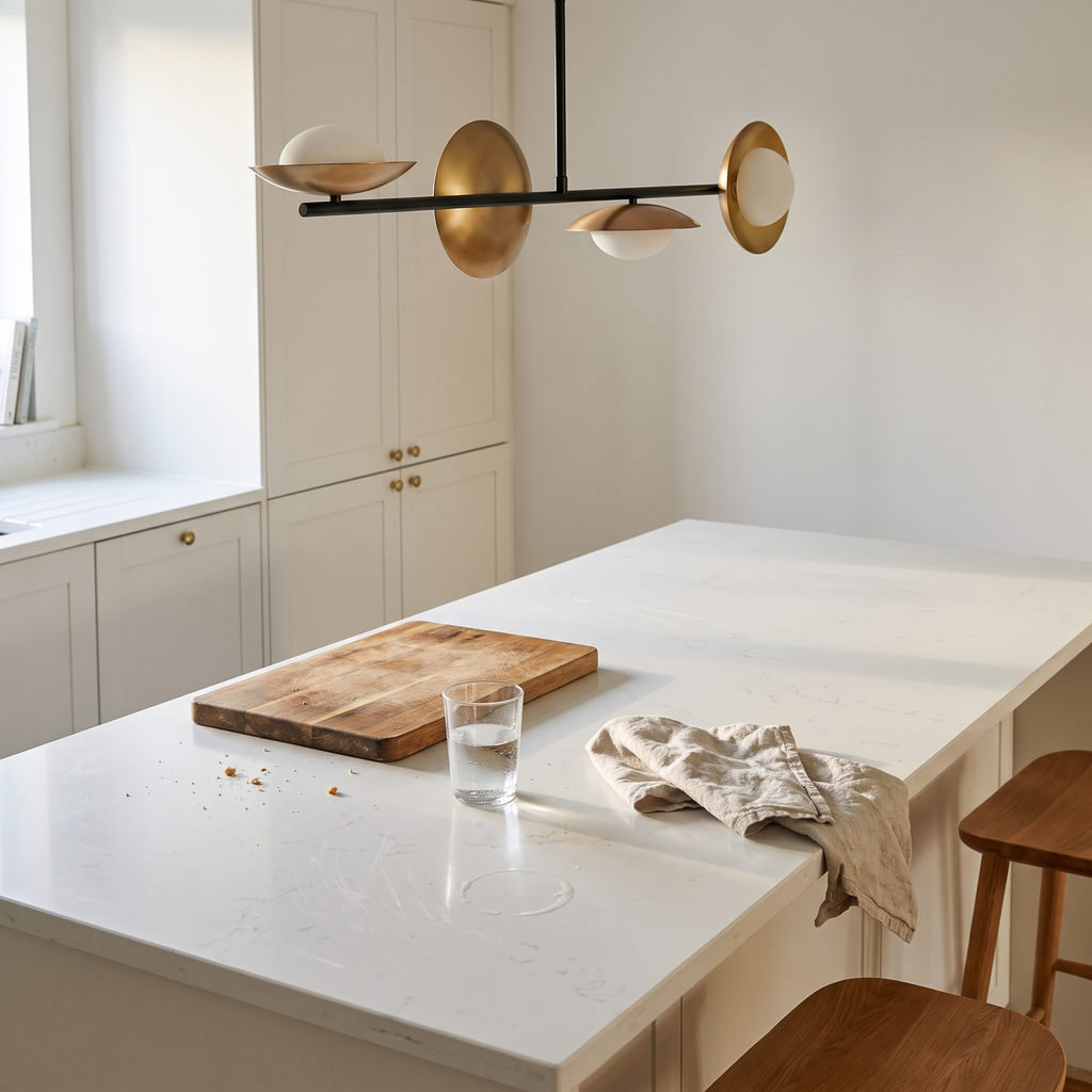 Linvara linear bar pendant above a lived in kitchen island