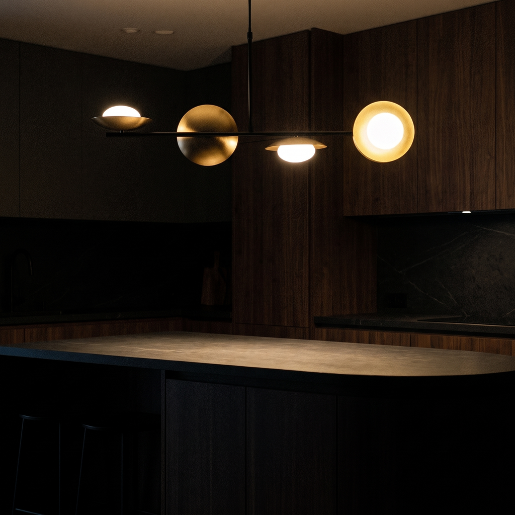 Linvara linear bar pendant lit above a kitchen island at night