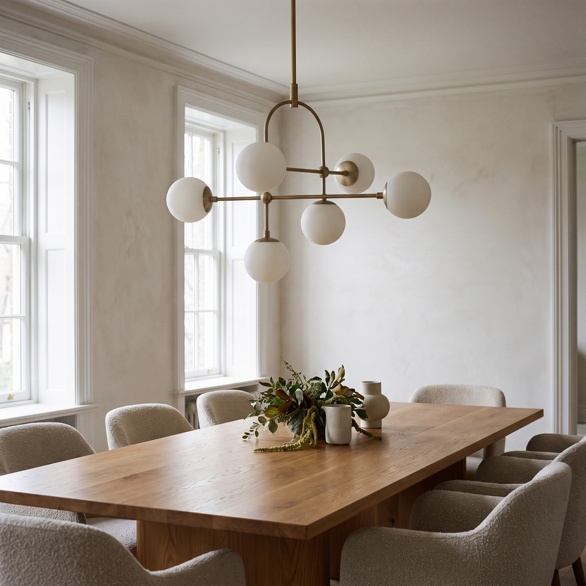 Aurelle chandelier above a long dining table in an elegant dining room