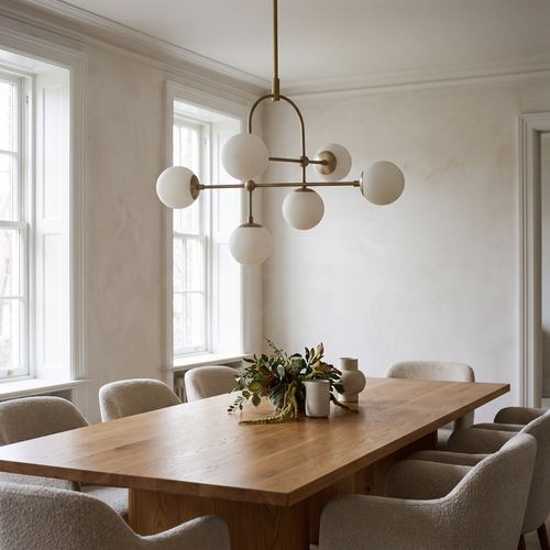 Aurelle chandelier above a long dining table in an elegant dining room