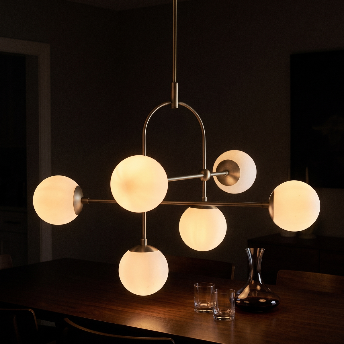 Aurelle chandelier lit above a dining table in the evening