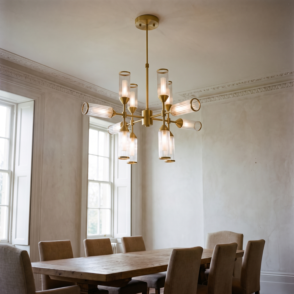 Regmont twelve light chandelier above a long table in a large formal room