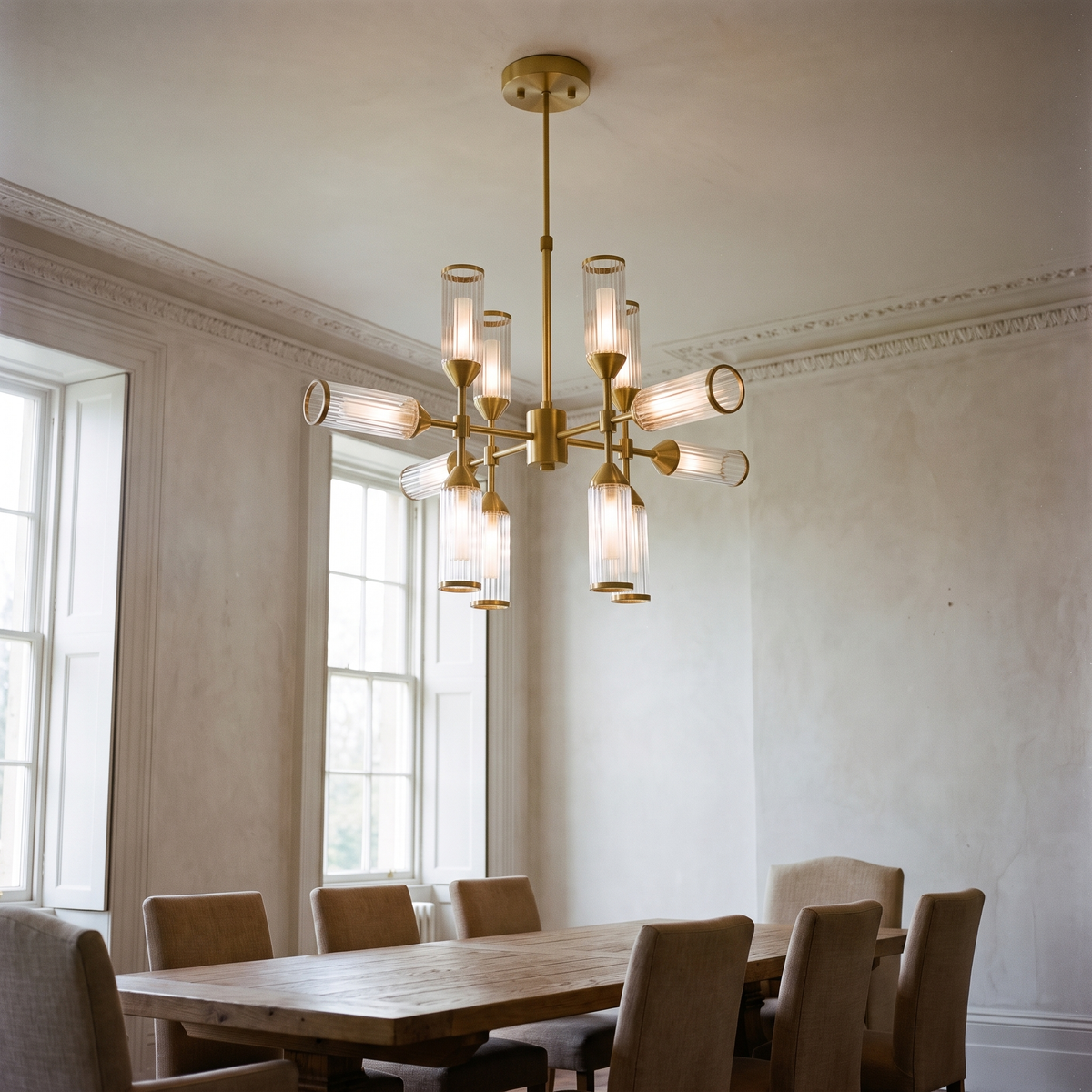 Regmont twelve light chandelier above a long table in a large formal room