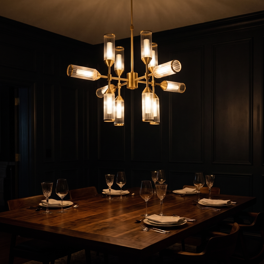 Regmont chandelier lit above a long table in the evening