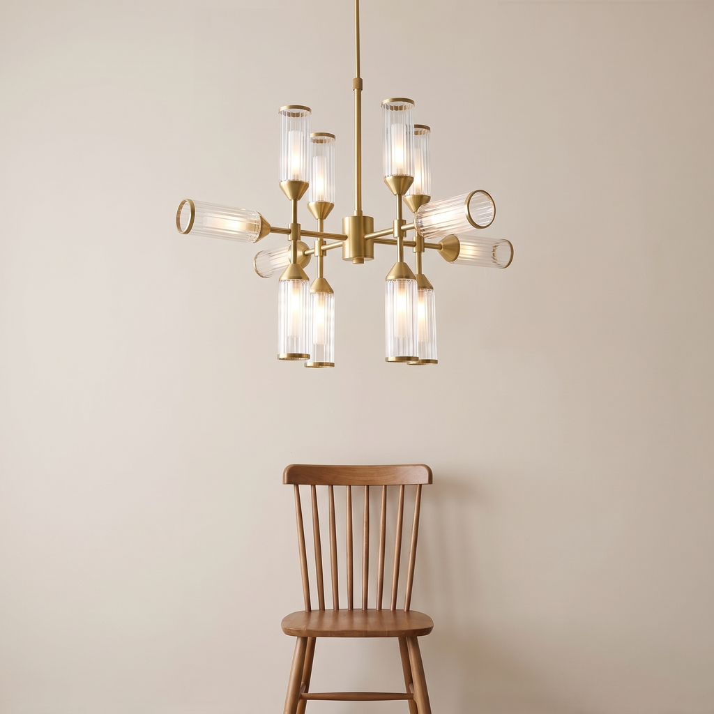 Regmont chandelier shown above a dining chair for size reference