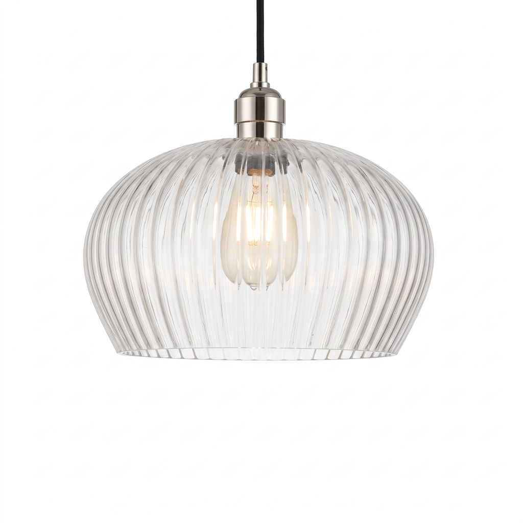 Sereno bright nickel ribbed glass pendant light on a white background